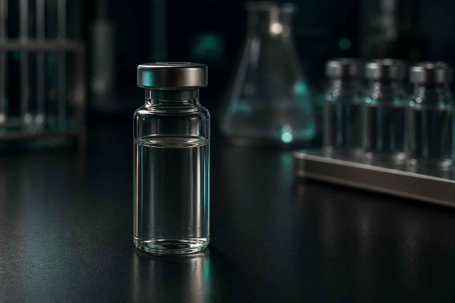 Research vial on a laboratory bench